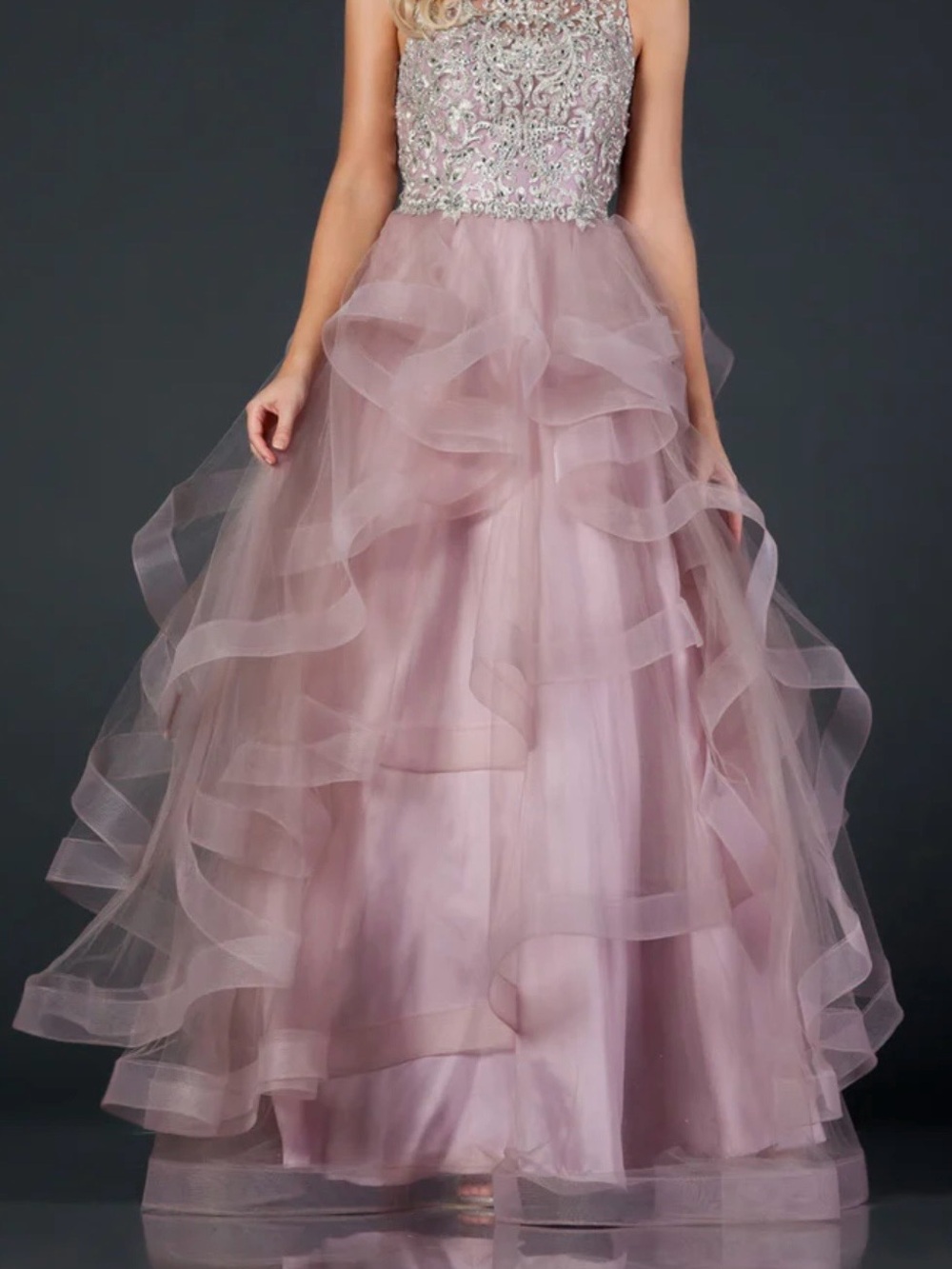 Beaded Bodice Dusty Rose Prom Ball Gown
